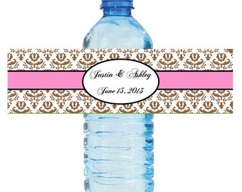 Brown Damask with Pink Wedding Water Bottle Labels Great for Engagement Bridal Shower Party