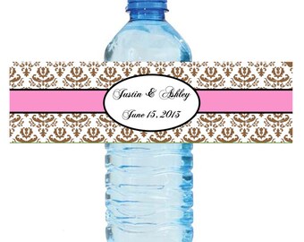 Brown Damask with Pink Wedding Water Bottle Labels Great for Engagement Bridal Shower Party