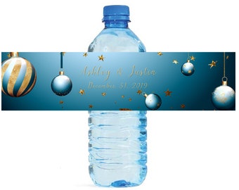 Blue and Gold Christmas tree balls Water Bottla Labels Great for Christmas party Wedding Anniversary and holiday partys