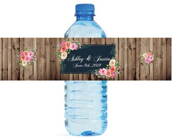 Chalkboard & Roses on Rustic Wood Wedding Anniversary Water Bottle Labels Customizeable labels Easy to use self stick labels