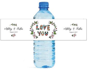 Love You Wreath Wedding Water Bottle Labels Great for Engagement Bridal Shower Birthday Party Sweet 16 Spring Party