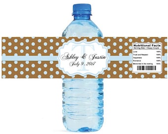 Kraft paper and baby blue glitter dots Monogram Wedding Water Bottle Labels Great for Engagement Bridal Shower Anniversary Party self stick