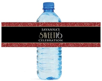 Sweet 16 Gatsby red glitter style Birthday white and gold stripe Water Bottle Labels easy to apply and use
