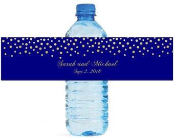 Gold Confetti falling on navy blue background Wedding Anniversary Bridal Water Bottle Labels Customizable labels self stick, easy to use