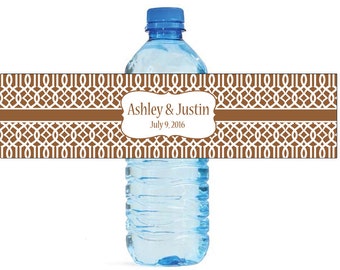 Brown Moroccan Trellis pattern Wedding Anniversary Water Bottle Labels Customizable labels