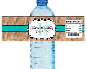 Burlap Blue Stripe Monogram Wedding Water Bottle Labels Great for Engagement Bridal Shower Party 8"x2"