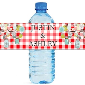 Red Gingham and Mason Jars Wedding Water Bottle Labels Great for Engagement Bridal Shower Party Picnic 2 sizes available