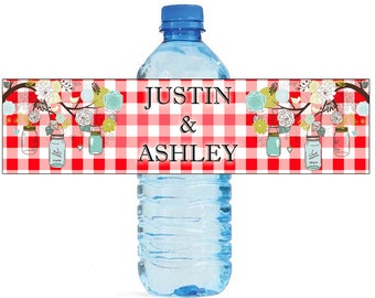 Red Gingham and Mason Jars Wedding Water Bottle Labels Great for Engagement Bridal Shower Party Picnic 2 sizes available