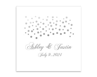 Silver Confetti Falling Themed 3 ply Premium Custom Cocktail Napkins Measure 5"x5" Customize Names & Date or any other message