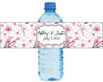 Cherry Blossom Pink floral  Wedding Anniversary Water Bottle Labels Great for Engagement Bridal Shower Birthday Party