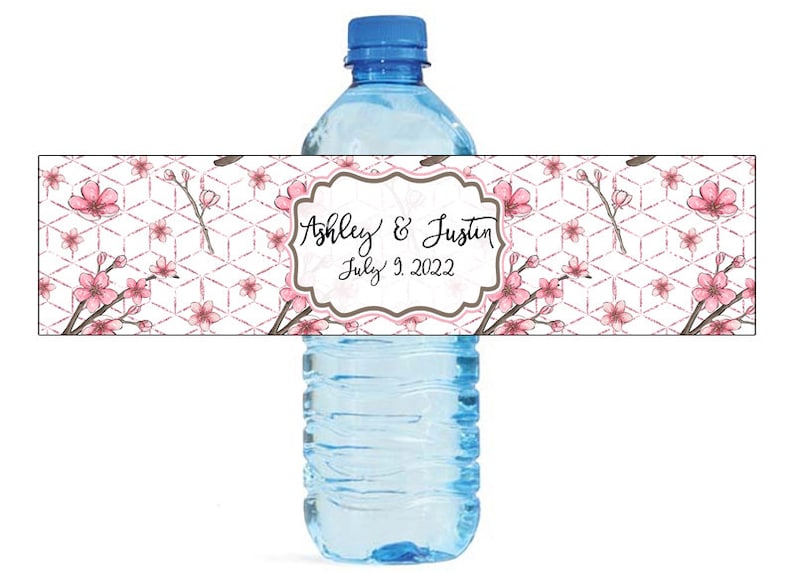 Cherry Blossom Pink floral Wedding Anniversary Water Bottle Labels Great for Engagement Bridal Shower Birthday Party