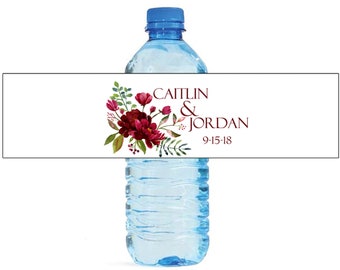Red Wine Colored Flower with White Background Wedding Water Bottle Labels Great for Engagement Bridal Shower Party