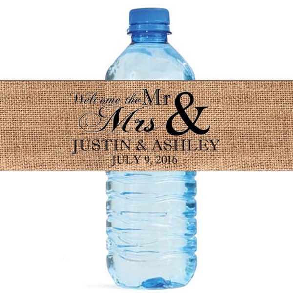 Welcome the Mr & Mrs on Burlap water bottle labels Wedding Bridal shower Water Bottle Labels Great for Engagement Party