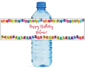 Presents & Balloons Theme Water Bottle Labels Celebrations Birthday Party, Kids party