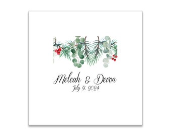 Mistletoe and Pine Leaves Themed 3 ply Premium Custom Cocktail Napkins Measure 5"x5" Customize Names & Date or any other message