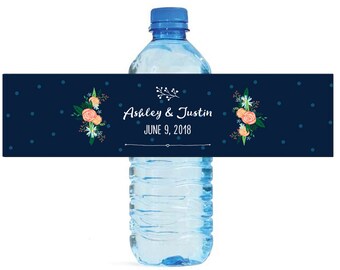 Peonies and Polka Dots Wedding Anniversary Water Bottle Labels Customizable self adhesive labels great for your events and special occasions