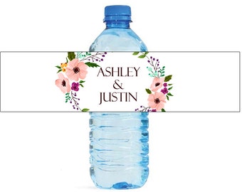 Floral Wreath white background Wedding Water Bottle Labels Great for Engagement Bridal Shower Party