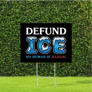 May include: A black yard sign with the words "DEFUND ICE" in white and blue, with the word "ICE" stylized with a blue and white ice design. The text "NO HUMAN IS ILLEGAL" is below.