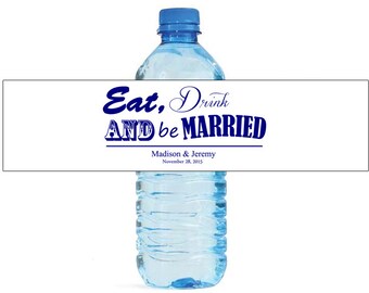 Contemporary Eat Drink be Married Wedding white background navy font Water Bottle Labels Great for Engagement Bridal Shower Party