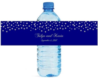 Silver Confetti falling on Navy blue background Wedding Anniversary Bridal Water Bottle Labels Customizable labels self stick, easy to use
