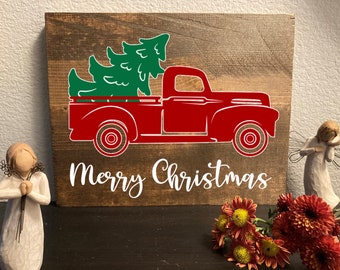 Red Truck Christmas Tree with Merry Christmas on bottom, Hand made and stained Wood Sign