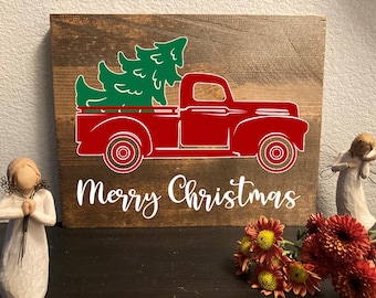 Red Truck Christmas Tree with Merry Christmas on bottom, Hand made and stained Wood Sign