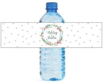 Floral Wreath over hearts background Wedding Water Bottle Labels Great for Engagement Bridal Shower Party easy to use, self stick labels