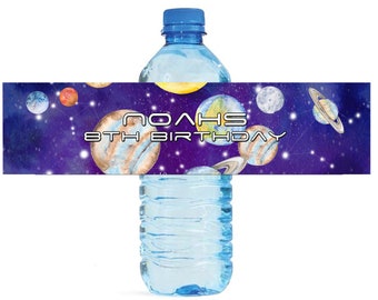 Space Watercolor Kids Birthday Water Bottle Labels Great for all sorts of parties and get togethers easy to use self stick labels