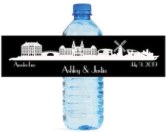 Amsterdam Destination Wedding Water Bottle Labels Great for Engagement Bridal Shower Birthday Party anniversaries family reunion travel