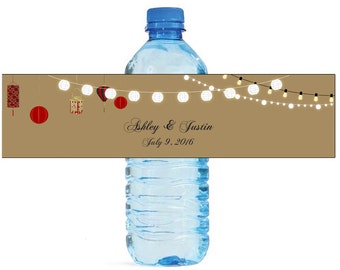 East meets West Wedding Anniversary Water Bottle Labels Customizeable labels String lights Asian Lanterns Red White