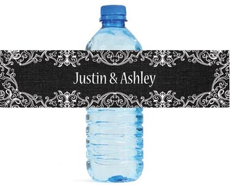 Black Linen and Lace Wedding Water Bottle Labels Great for Engagement Bridal Shower Party