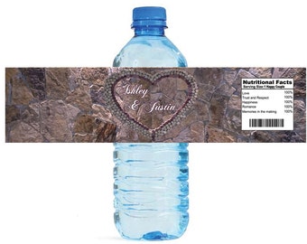 Cork Heart on stone background Wedding Water Bottle Labels Great for Engagement Bridal Shower Party easy to apply and use