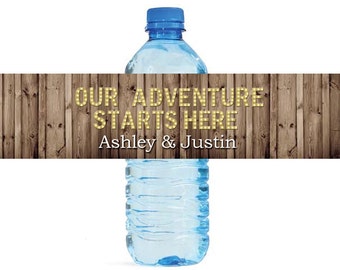 Rustic Wood Marquee Letters Our Adventure Starts Here Wedding Anniversary Engagment Party Water Bottle Labels Customizeable labels