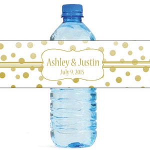 Gold Confetti on white background Wedding Anniversary Water Bottle Labels Customizable labels