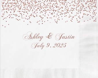 Rose Gold Confetti Falling Themed 3 ply Premium Custom Cocktail Napkins Measure 5"x5" Customize Names & Date or any other message
