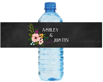 Chalk board floral Wedding Water Bottle Labels Great for Engagement Bridal Shower Party