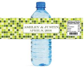 Mosaic Lime Green Wedding Anniversary Sweet 16 Water Bottle Labels Great for Engagement Bridal Shower Party