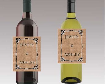 24 Burlap Names Wedding Beer or Wine Bottle Labels Great for Engagement Bridal Shower Party