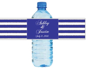 Navy Blue, White & Gold Stripes Wedding Water Bottle Labels Great for Engagement Bridal Shower Party