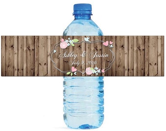 Floral frame on rustic wood background Wedding Water Bottle Labels Great for Engagement Bridal Shower Party easy to apply and use