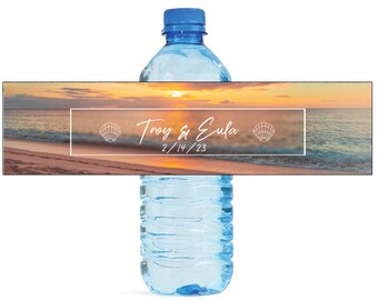 Beach Sunset Wedding Anniversary Bridal Shower Water Bottle Labels Great for Engagement Party Destination