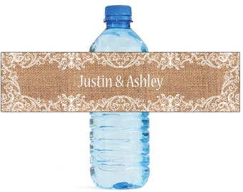 Burlap and fancy white Lace Frame Wedding Water Bottle Labels Great for Engagement Bridal Shower Party