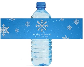 Winter Snowflake with silver glitter snowflakes Wedding Anniversary Water Bottle Labels Customizable labels
