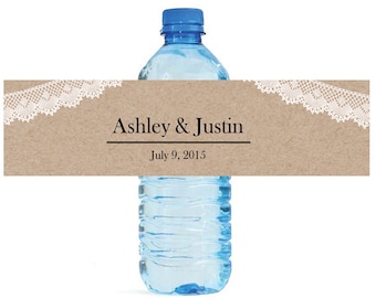Kraft paper and Lace Wedding Water Bottle Labels Great for Engagement Bridal Shower Party
