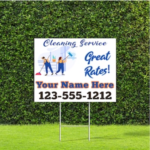 Könnte beinhalten: Weißes Schild für den Garten mit blauem und orangefarbenem Text, der "Cleaning Service Great Rates! Your Name Here 123-555-1212" lautet. Das Schild zeigt eine Cartoon-Illustration von zwei Personen, die putzen.