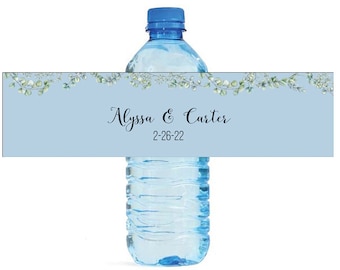 Greenery and Powder Blue Eucalyptus Ivy Floral Water Bottle Labels Great for Engagement Bridal Shower Birthday Party Sweet 16 Spring Party