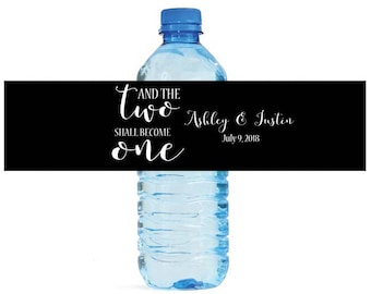 And the Two Shall Become One Wedding Engagement Party Water Bottle Labels Customizeable labels Black and White