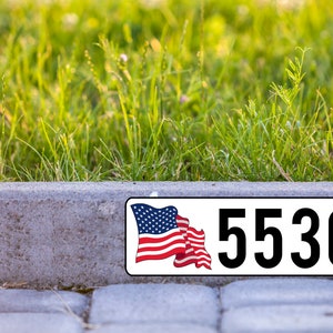 Waving US American Flag Custom Curb Number Self Adhesive Very Durable Aluminum Backing 5&quot;x18&quot;