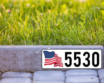 Waving US American Flag Custom Curb Number Self Adhesive Very Durable Aluminum Backing 5"x18"