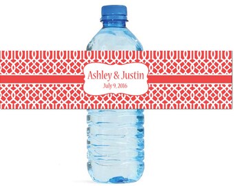 Red Moroccan Trellis pattern Wedding Anniversary Water Bottle Labels Customizable labels